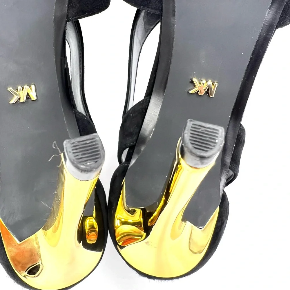 MK‎ Michael Kors Womens Size 9.5 Black Suede Gold Stiletto Platform Heels Shoes